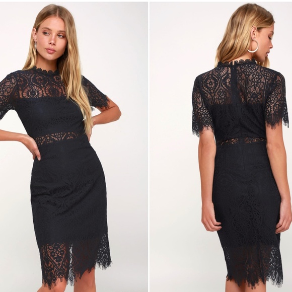 Remarkable Navy Blue Sheer Lace Short Sleeve Mini Dress size XS - Picture 1 of 3